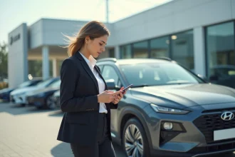 Femme regardant une voiture hybride en concession