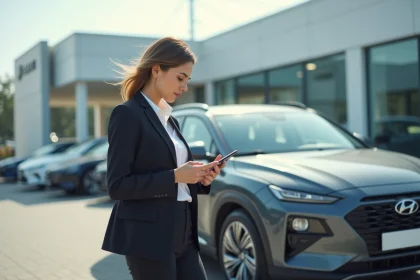 Femme regardant une voiture hybride en concession