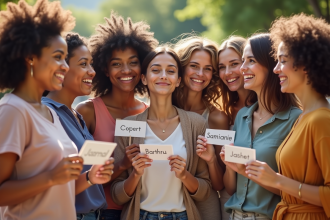 Neuf femmes diverses avec noms G en extérieur ensoleille