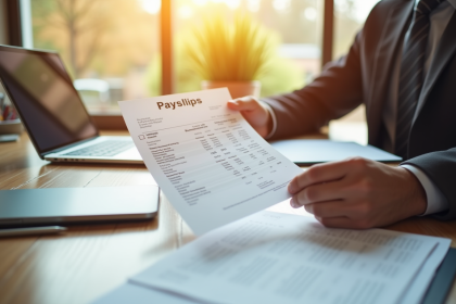 Fiche de paie tenue par une personne au bureau en lumière naturelle
