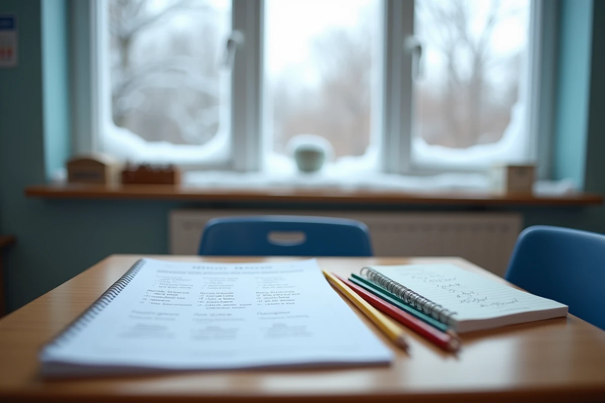 Fiche de poésie sur l'hiver posée sur un bureau d'écolier avec des crayons de couleur et une fenêtre enneigée en arrière-plan