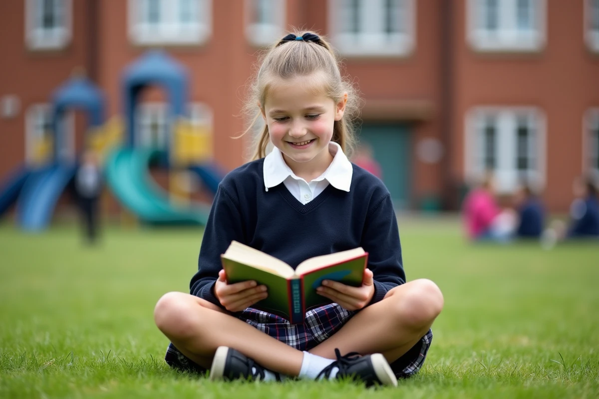 Jeune fille lisant un livre dans la cour de l