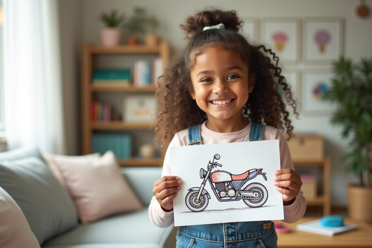 Fille de 8 ans fière montrant son dessin de moto colorié