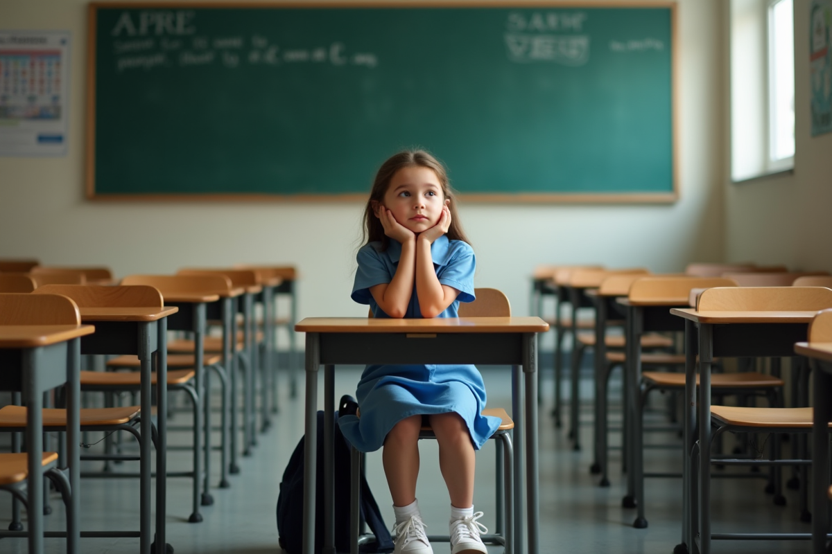 Fille de 7 ans assise seule à un bureau d