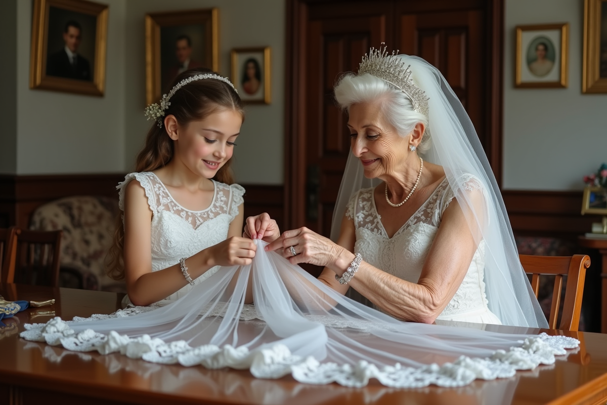 Fille et femme âgée pliant un voile de mariage dans une maison