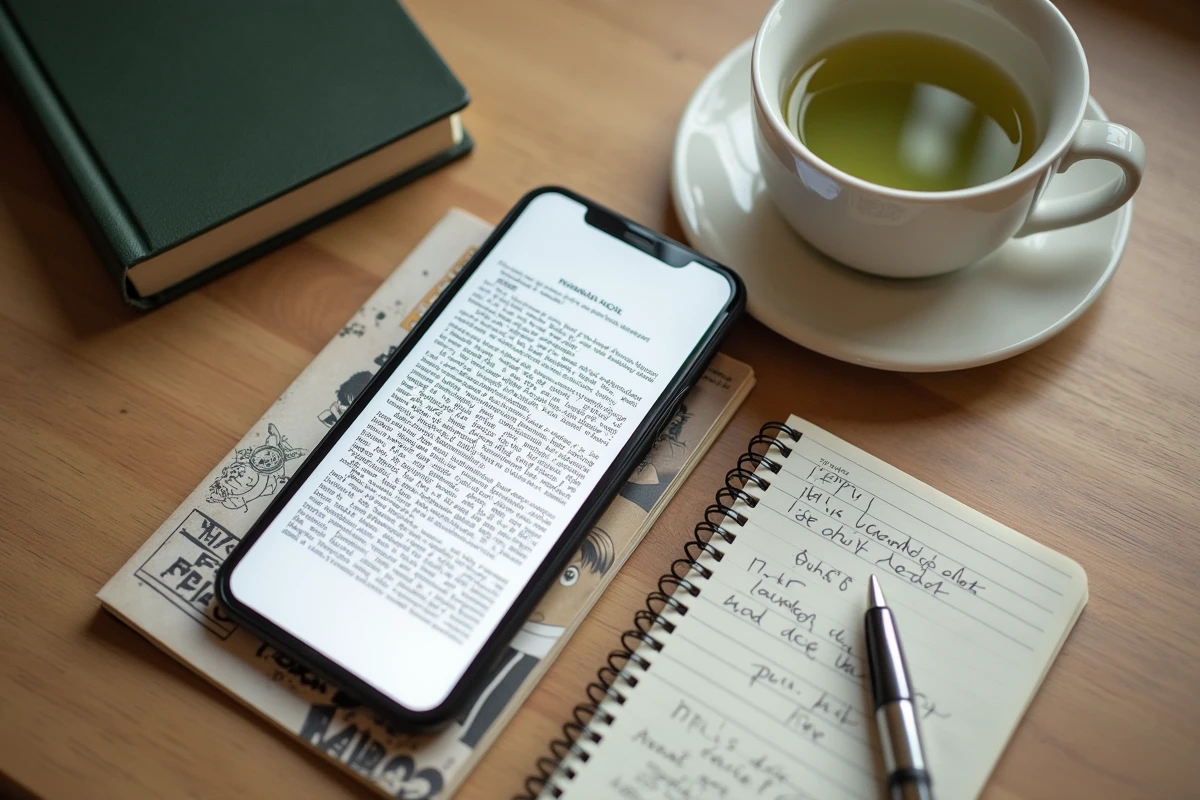 Flat lay éditorial montrant un smartphone avec un scan de manga traduit ouvert sur une application de lecture, accompagné d'un volume physique de manga et de notes de traduction manuscrites en français