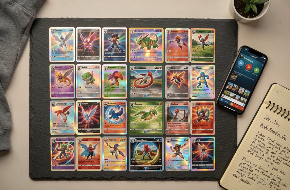 Flat-lay de deck Pokémon Pocket avec cartes holographiques rares et notes de stratégie pour le ladder
