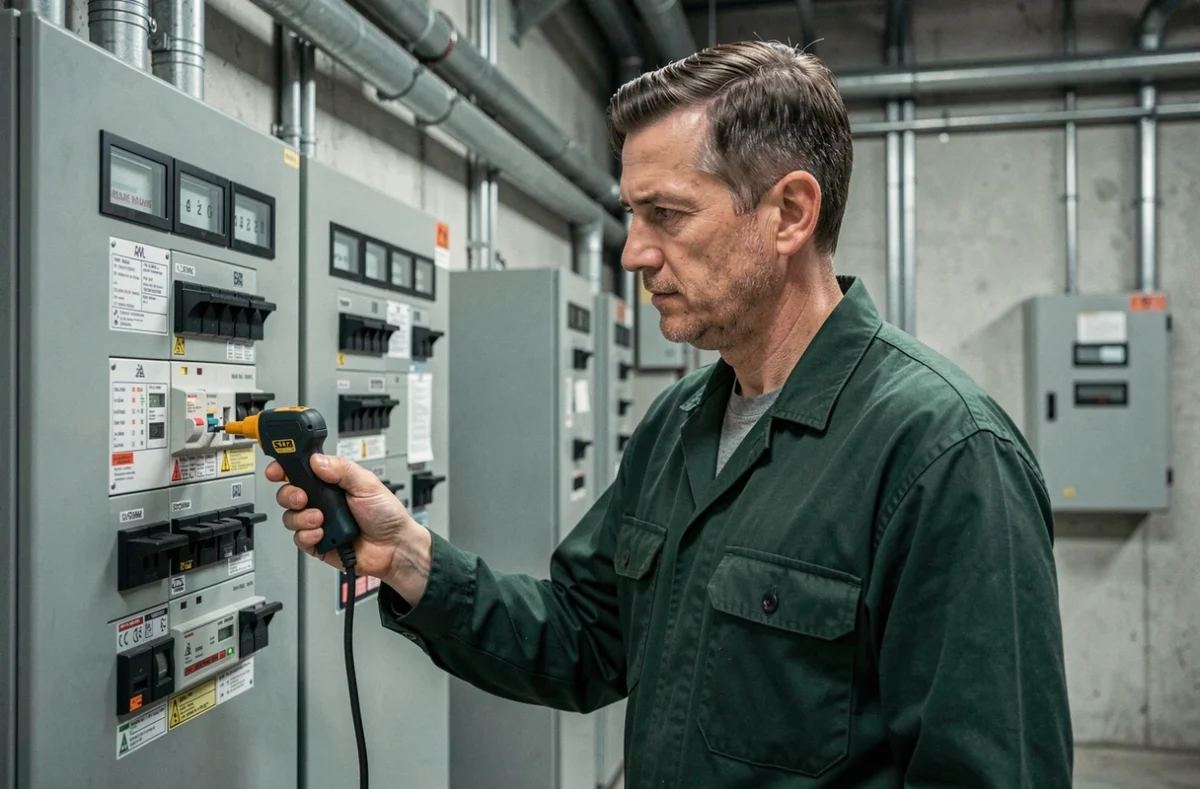 Électricien de F.S Électricité Générale testant un tableau électrique dans un bâtiment commercial de la Somme