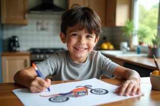 Garçon de 7 ans coloriant un dessin de moto à la maison