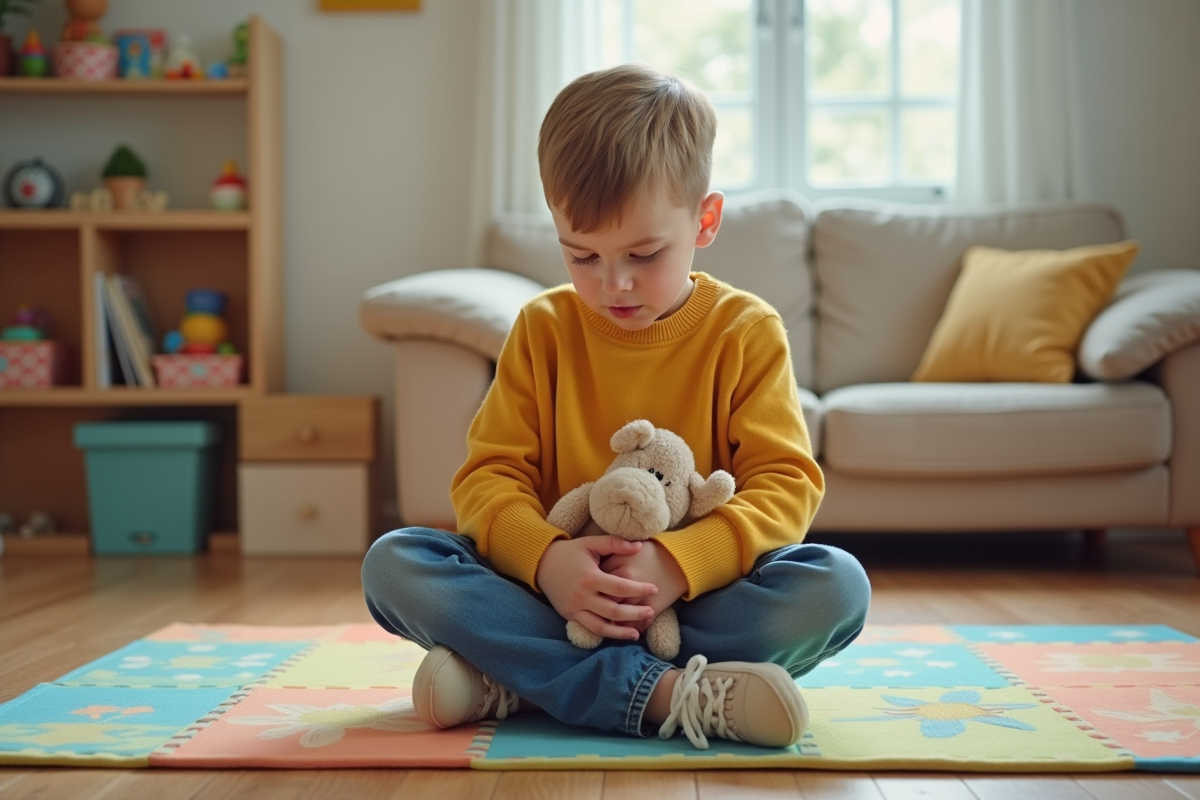 Garçon de 5 ans assis sur un tapis coloré dans un salon calme