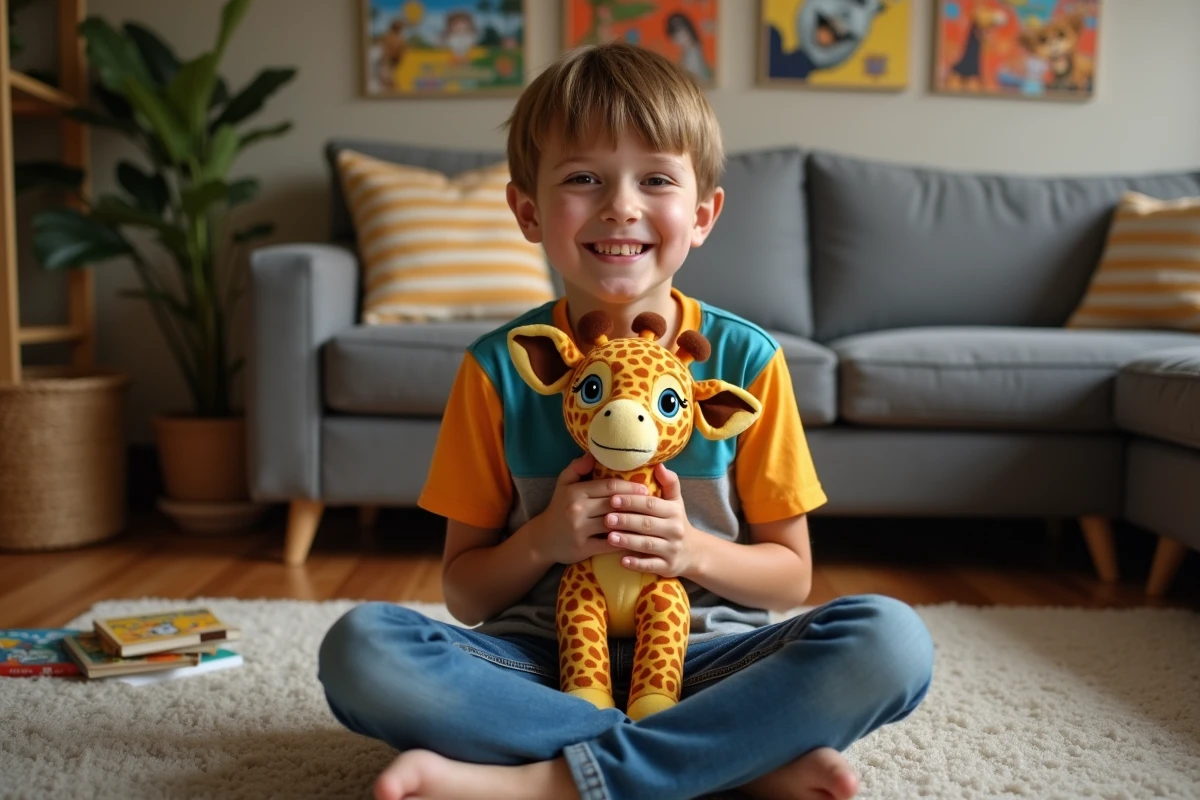 Garçon souriant avec jouet Melman dans le salon