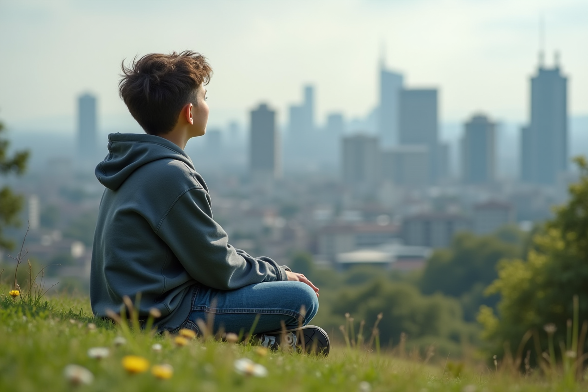 Adolescent regardant la ville depuis une colline verte