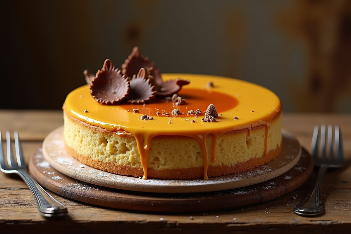 Gâteau opera entier sur table en bois avec glaçage doré
