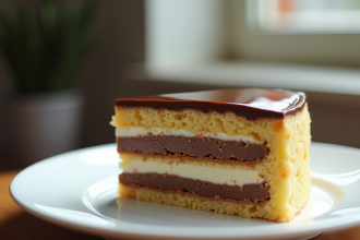 Partie d'un gâteau opera tranché sur assiette blanche