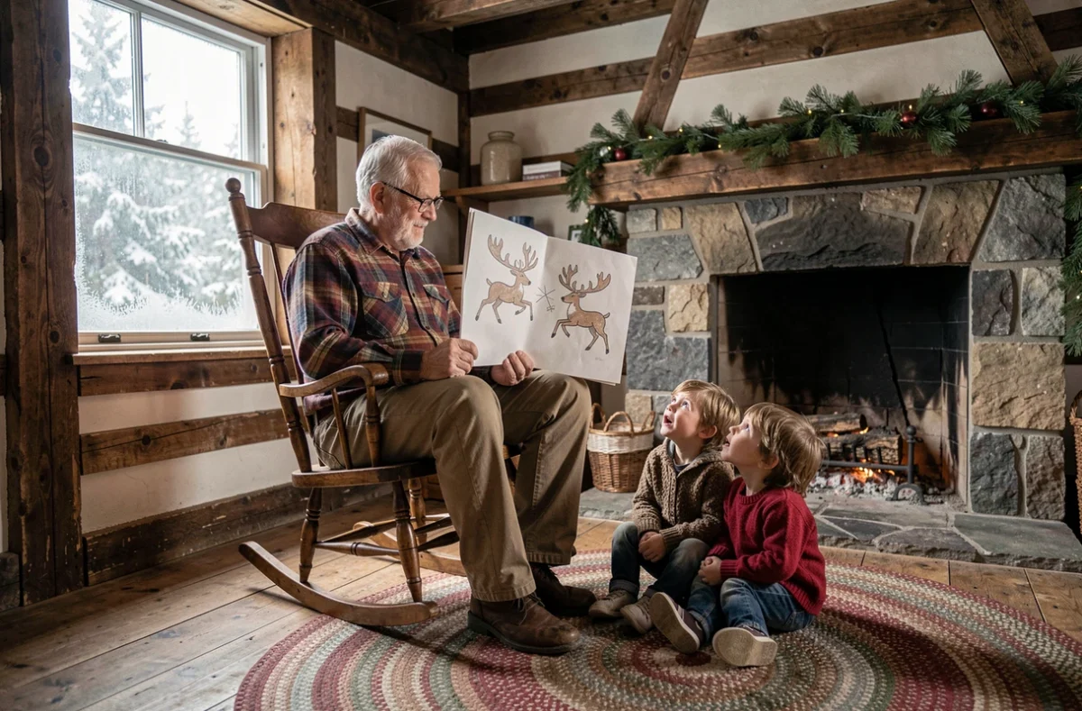 Grand-père racontant la légende des rennes volants du Père Noël à ses petits-enfants dans un chalet rustique