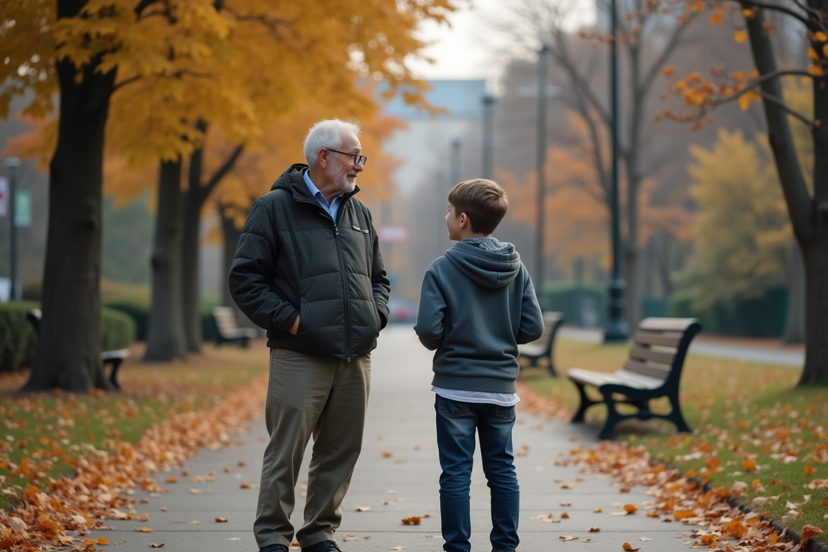 Grand-père et petit-fils dans un parc automnal