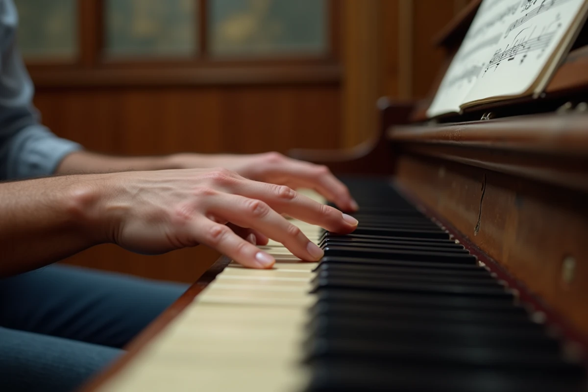 Gros plan des deux mains d'un pianiste formant des accords main gauche et main droite sur les touches d'un piano acoustique ancien