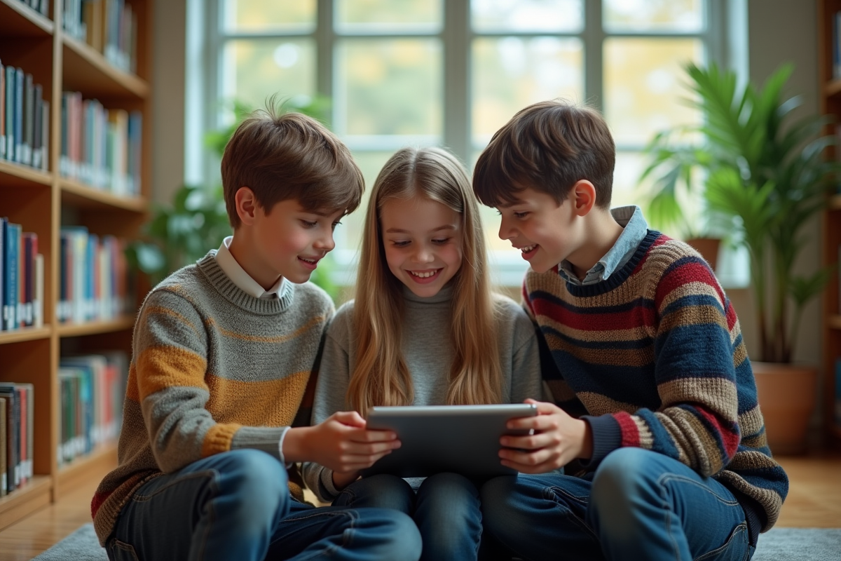Groupe de trois adolescents discutant avec une tablette
