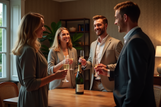 Groupe d'amis souriants autour d'une table champagne