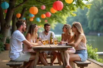 Groupe d'amis riant au bord de la rivière à la guinguette