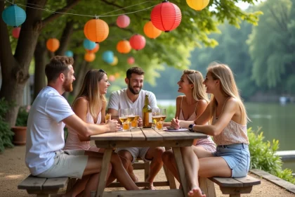 Groupe d'amis riant au bord de la rivière à la guinguette