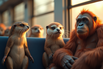 Groupe d'animaux divers dans un train lumineux
