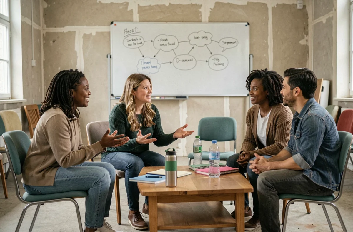Groupe de personnes en discussion autour de la conscientisation sociale dans un espace communautaire