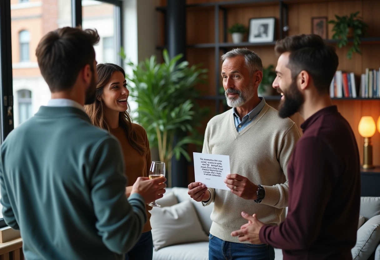 Trois personnes discutant dans un salon chaleureux et moderne