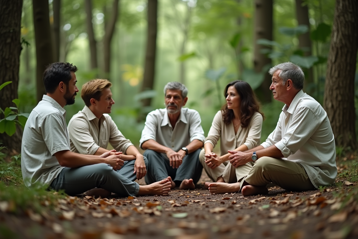 Groupe de personnes en pleine discussion en forêt