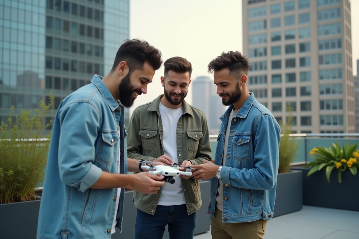 Groupe de jeunes autour d’un drone autonome sur un toit urbain
