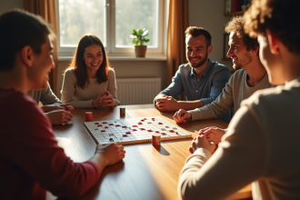 Groupe de personnes jouant à Rummikub en famille dans une ambiance chaleureuse