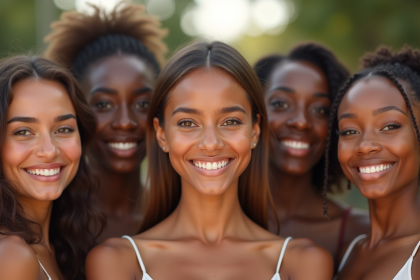 Groupe de personnes à la peau saine et éclatante en plein air