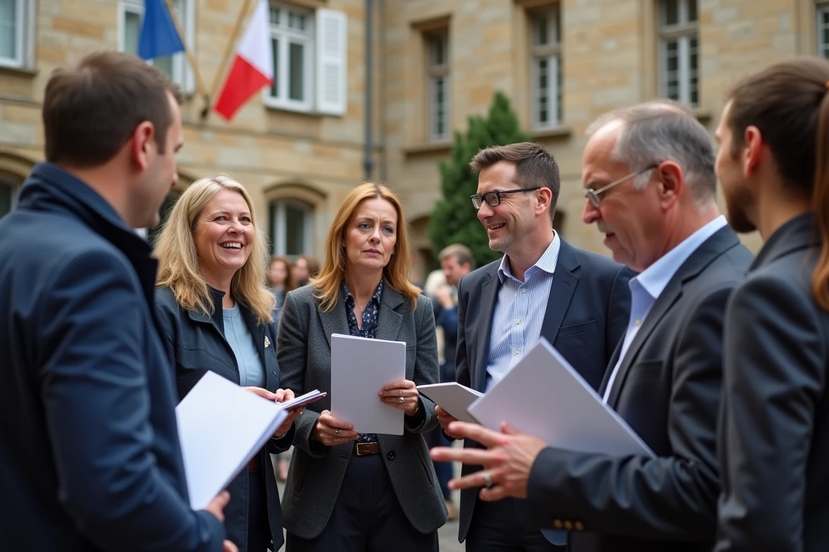 Groupe de municipalités discutant devant un hôtel de ville historique
