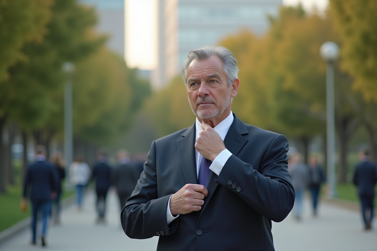 Homme en costume ajustant sa cravate dans un parc urbain