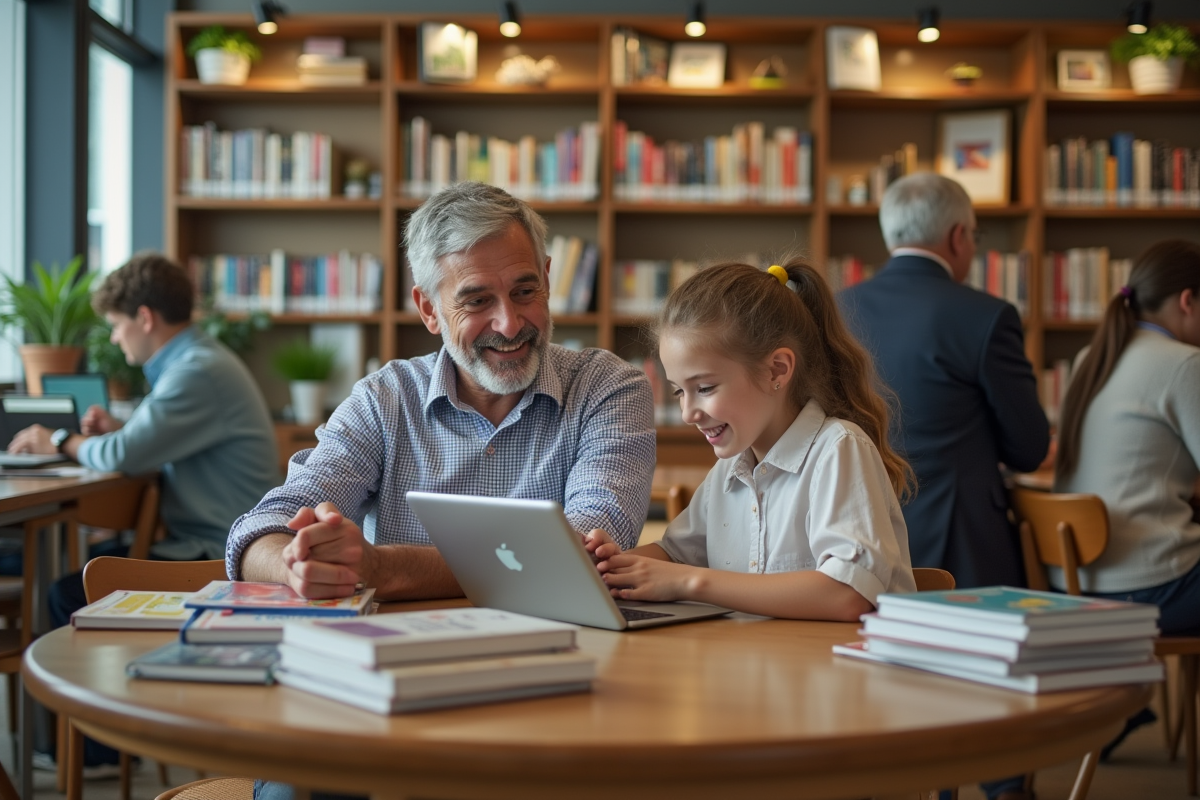 Homme aidant une jeune fille dans une bibliothèque animée