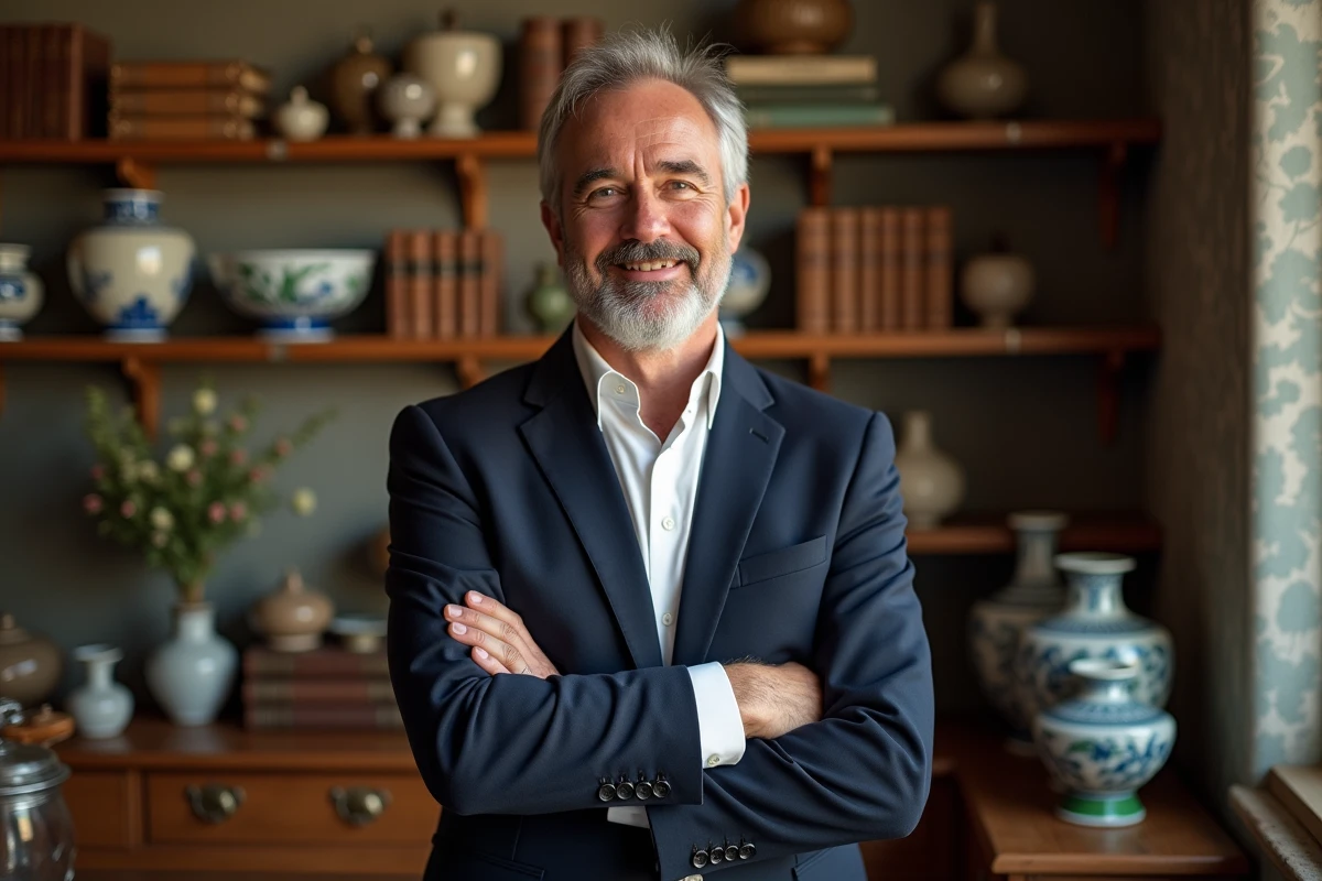 Homme d'âge moyen dans une boutique d'antiquités françaises