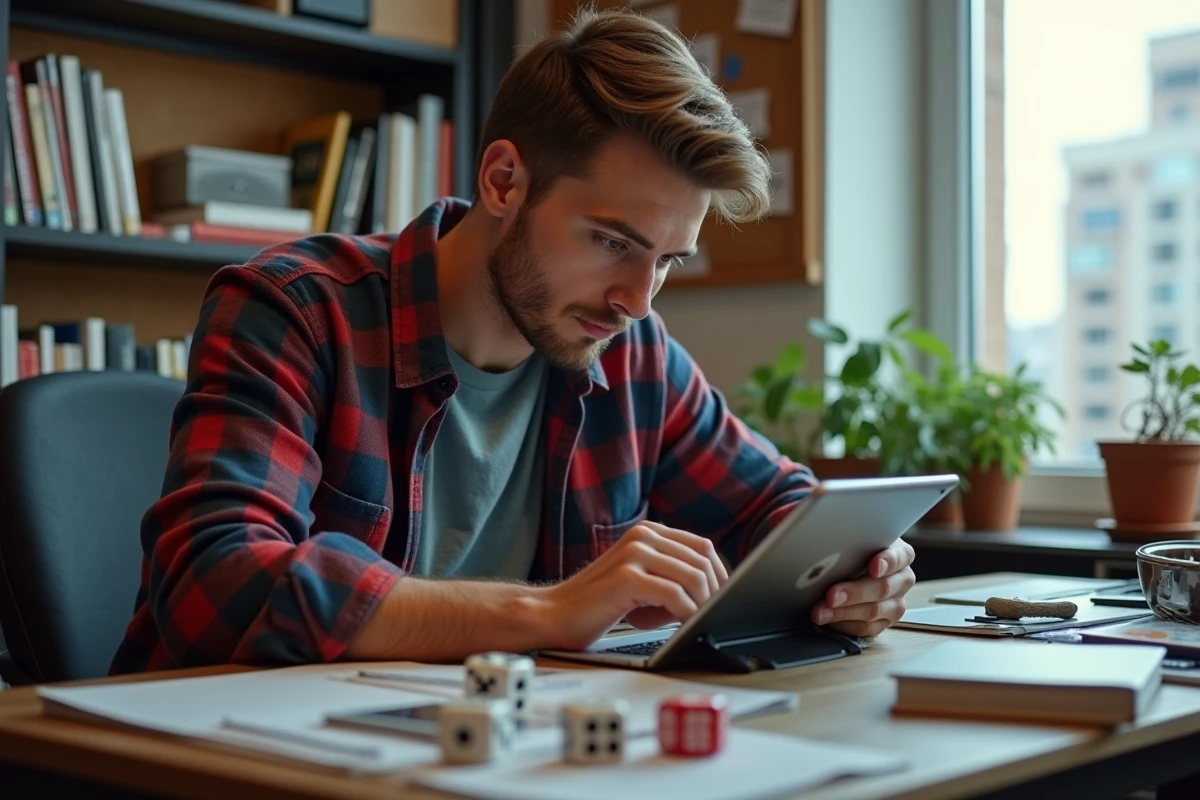 Homme en flanelle déverrouillant des dés sur sa tablette