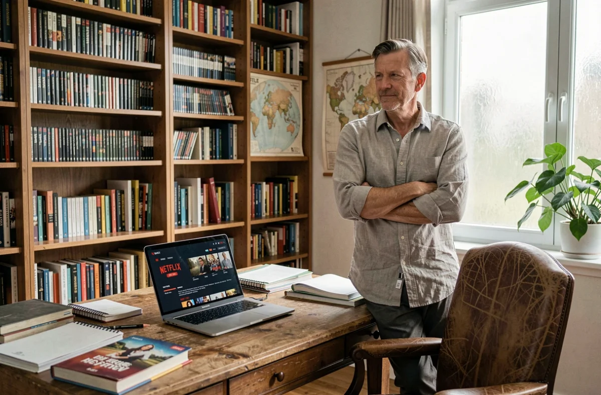 Homme d'une quarantaine d'années dans un bureau à domicile regardant Netflix sur son ordinateur portable, expression réfléchie