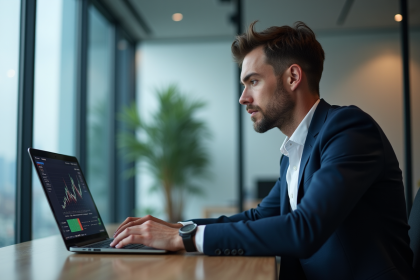 Homme en blazer regardant un tableau de bord digital au bureau