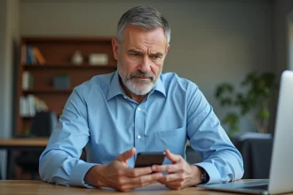 Homme d'âge moyen dans un bureau moderne examine son smartphone