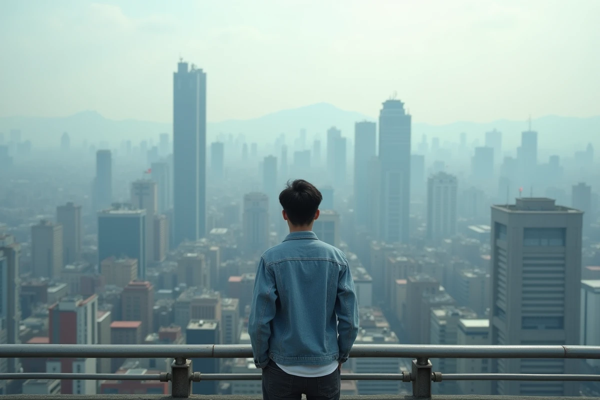 Jeune homme chinois regardant la ville depuis un toit
