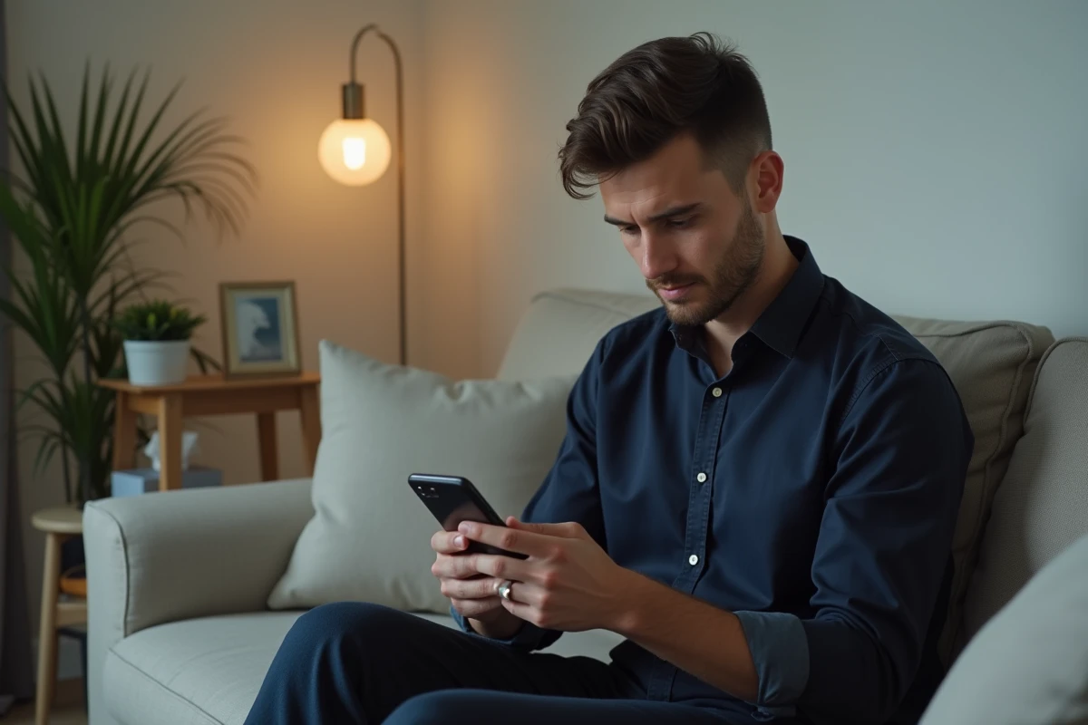 Homme consultant son smartphone pour partager un message de condoléances sur les réseaux sociaux