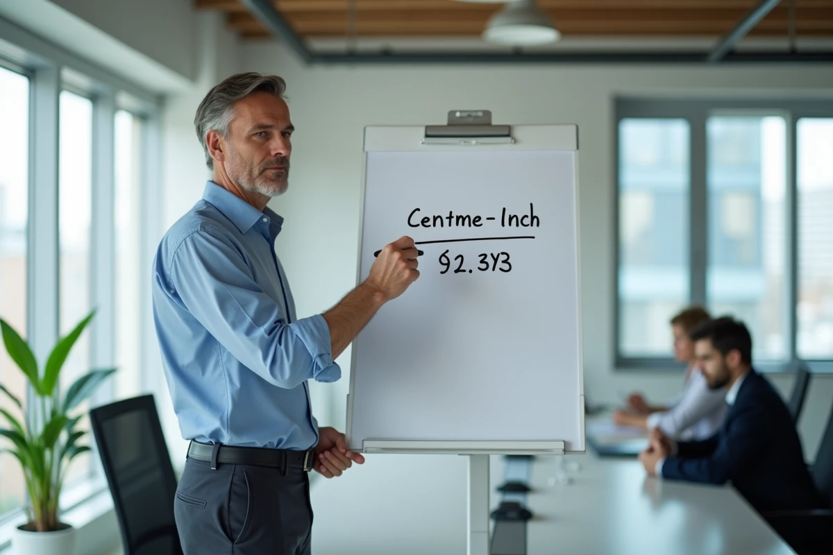 Homme expliquant une conversion centimetre pouce en réunion