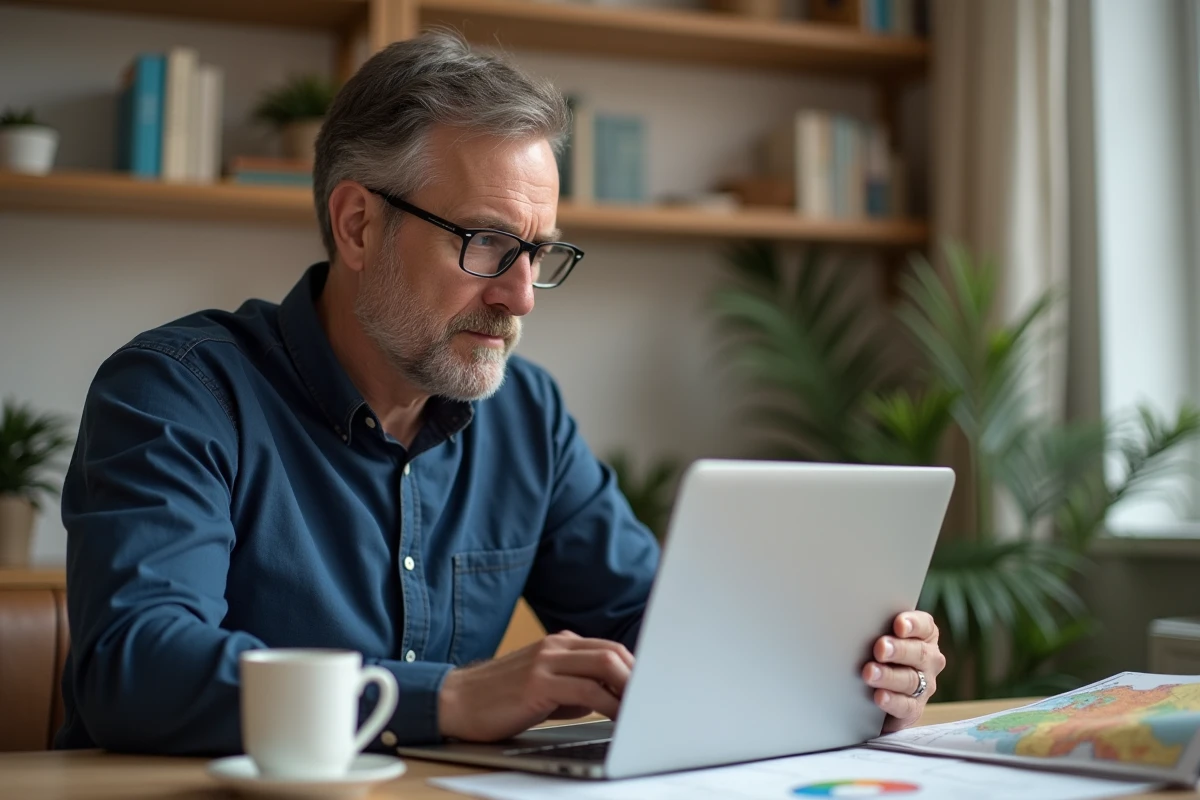 Homme utilisant un convertisseur de miles en kilomètres sur un ordinateur portable dans un bureau à domicile