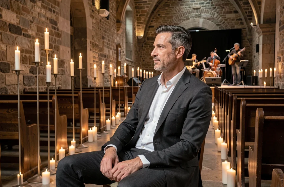 Homme en costume chic assis dans une salle de concert historique pour un concert Candlelight à Lyon