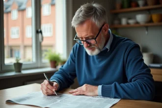 Homme d'âge moyen faisant un sudoku dans sa cuisine