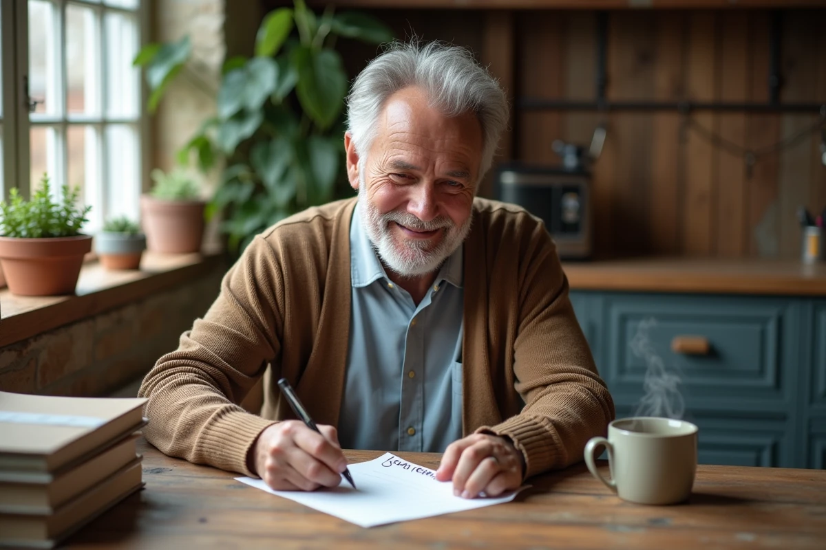 Homme âgé écrivant une liste dans sa cuisine chaleureuse