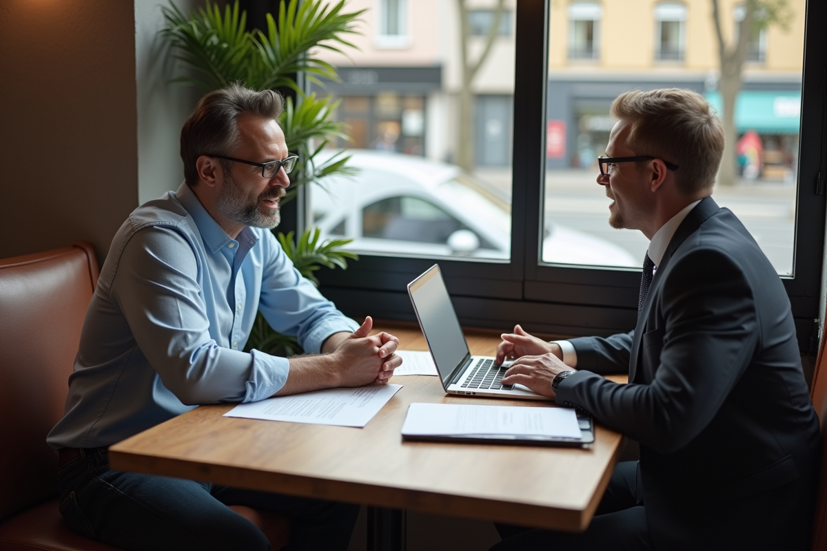 Homme discutant avec conseiller en assurance dans un café chaleureux