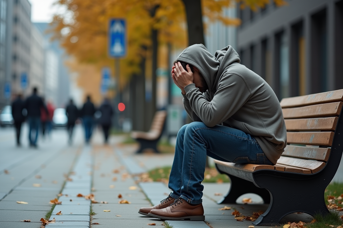 Homme en détresse assis sur un banc en ville