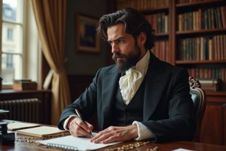 Portrait d'un homme pensif en costume XIXe siècle dans un bureau parisien